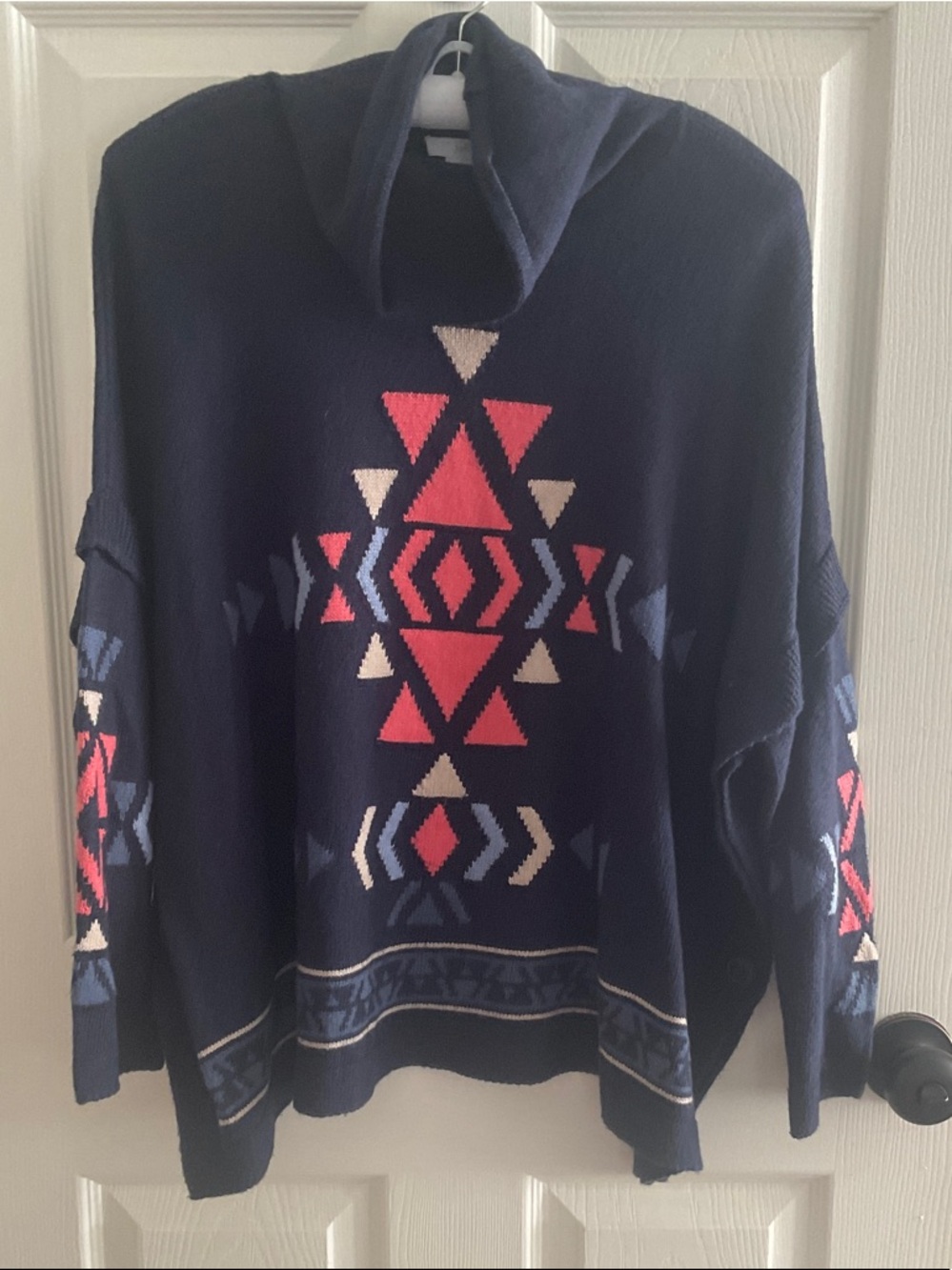 J. Jill Navy Cowlneck Sweater with Pink & Cream Aztec Motif